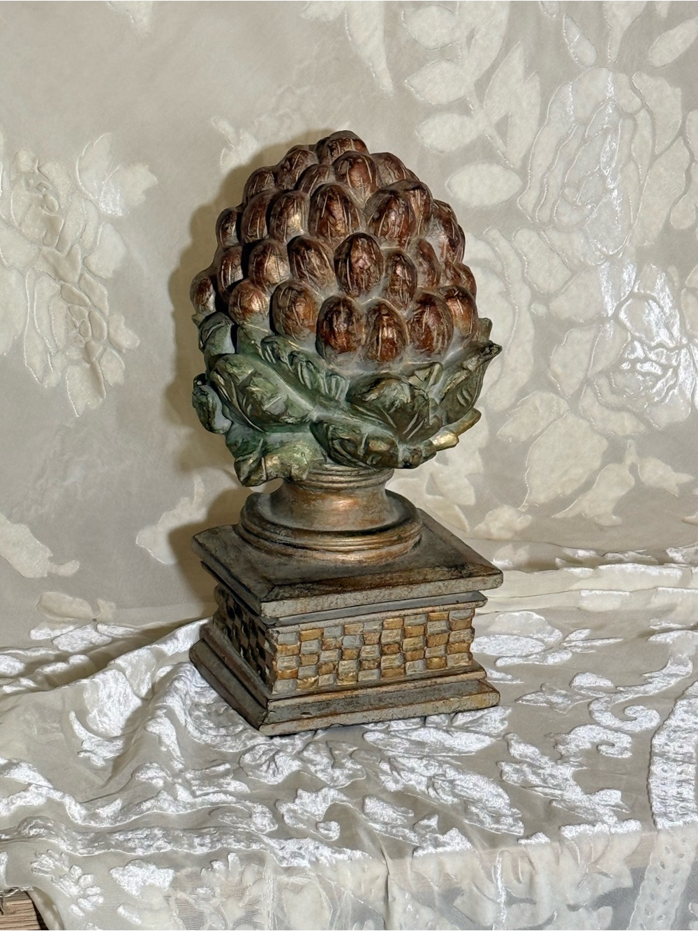 Decorative Pinecone Finial Sculpture in Antiqued Brown and Green